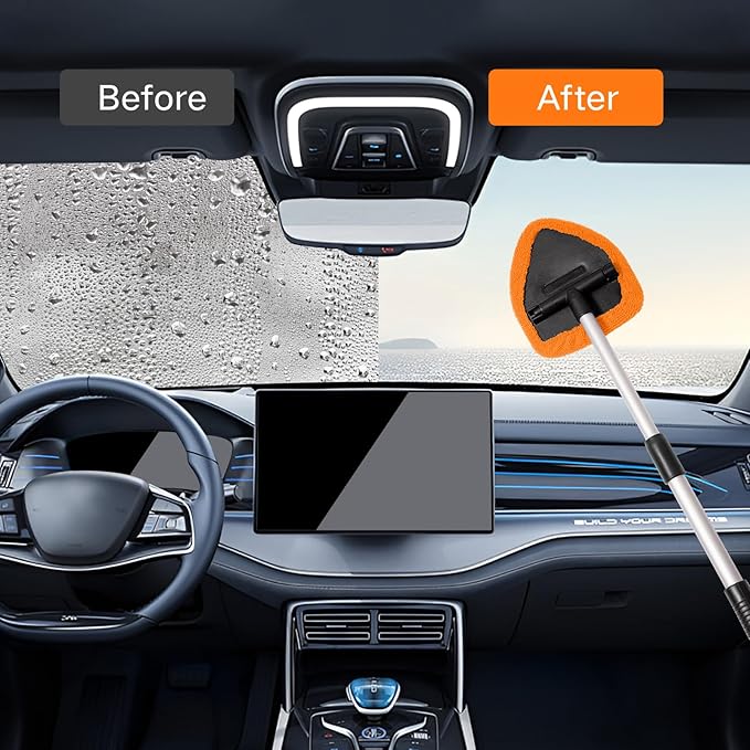 Qydipclin 7pcs Windshield Cleaner Tool Car Window Cleaning Wash Kit with 4 Reusable Microfiber Pads 1 Spray Bottle and Extendable Handle Auto Glass Wiper Kit, Orange