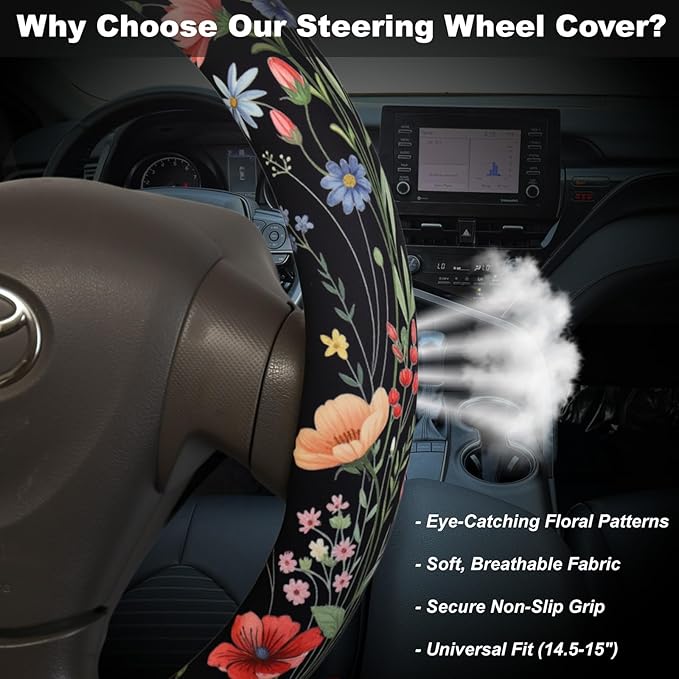 Watercolor Wildflower Steering Wheel Cover for 14.5-15 Inch (37-38 cm) Wheels, Premium Fabric with Non-Slip Rubber Inner Ring