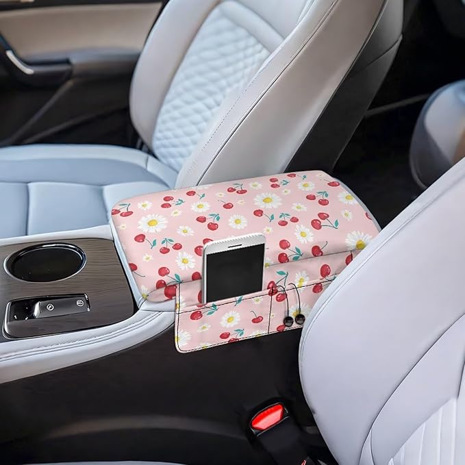 Dreaweet Car Console Covers with Pockets Pink Arm Rest Cover for Car Women Thick Car Armrest Cushion Pad Cute White Daisy Cherry Print Car Accessories for Women