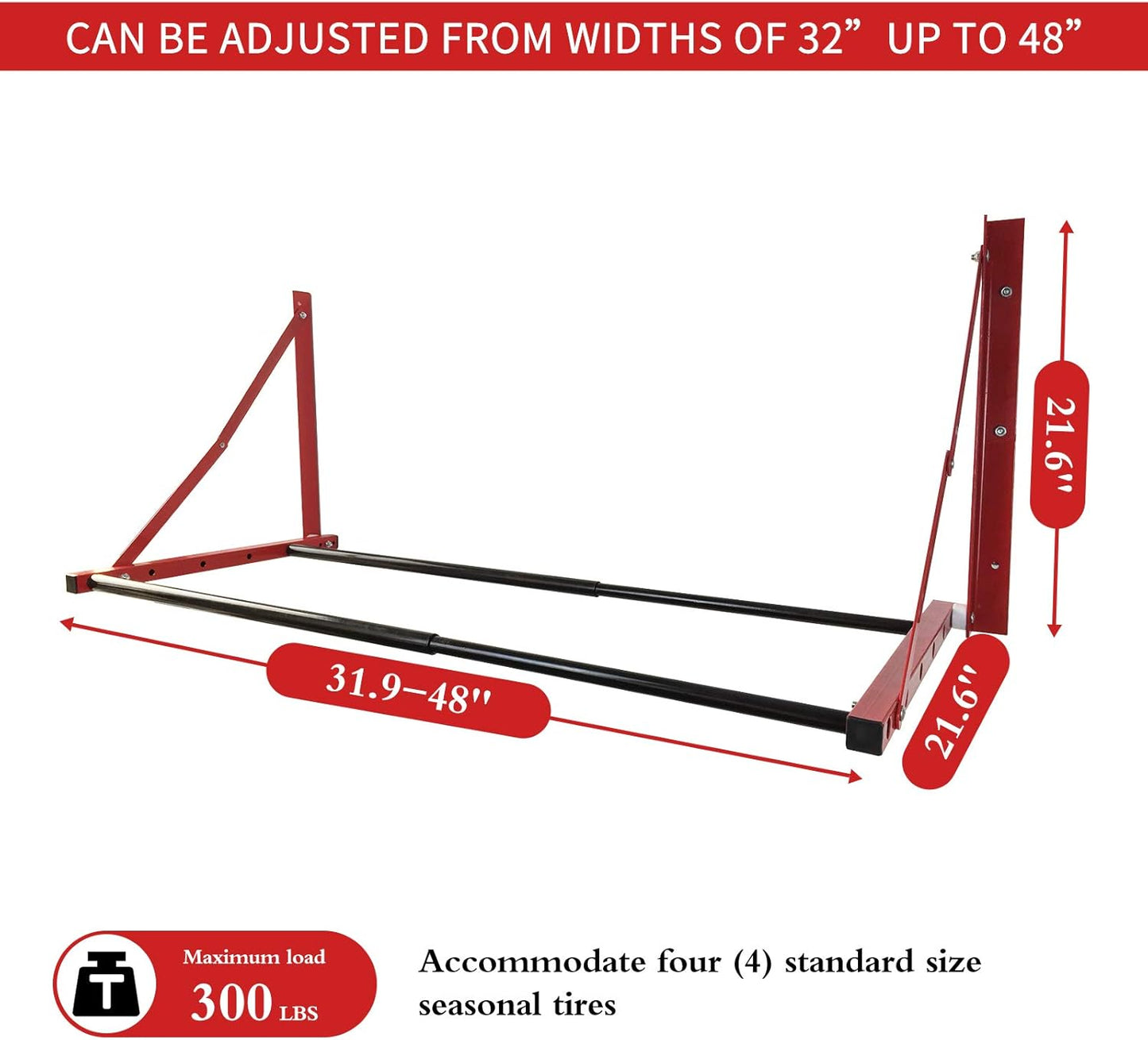 ROBLOCK Folding Tire Wheel Rack Wall Mount Multi-Tire Spare Carriers Garage (32"-48") x 22" x 22", Red