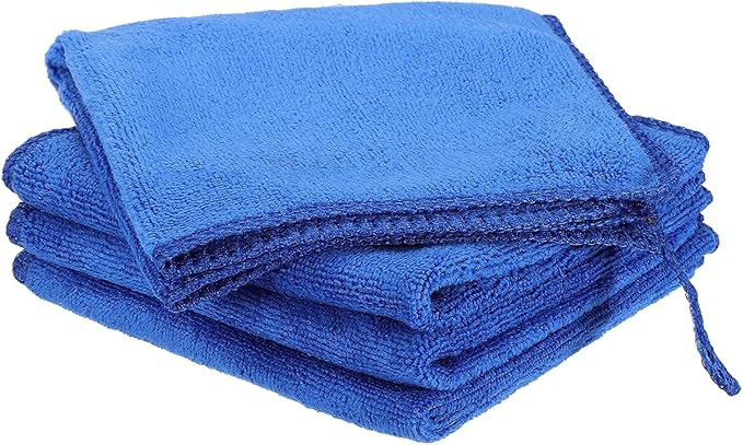 HARFINGTON 4 Pack Microfiber Cleaning Cloth, 10" x 10" Multi-Functional Cleaning Towels Reusable Absorbent Rags with Hook for Car Wash Kitchen Household Window Clean, Sapphire Blue