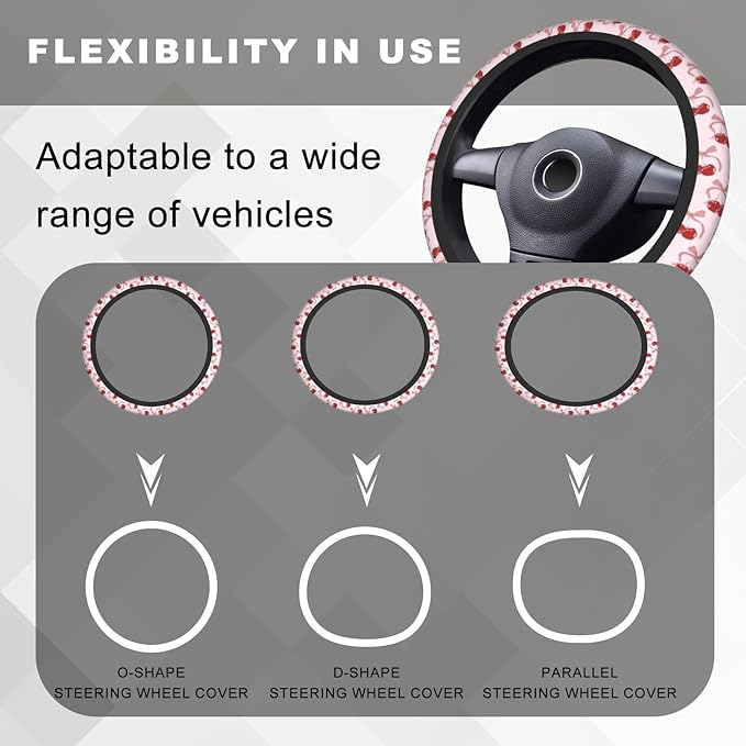 Pink Cherry Steering Wheel Cover, Cute Kawaii Anti-Slip Breathable Car Accessories Interior Elastic Steering Wheel Cover for Women Girly Gifts Fit Auto, SUV Vans Truck Universal 14.5-15 Inch