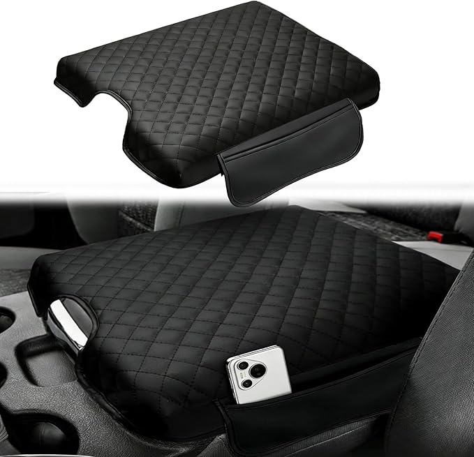Center Console Cover Fit for 2018-2013 Dodge Ram 1500, 2013-2024 Ram 2500/3500/1500 Classic Model Thickened Leather Armrest Cover Cushion Center Lid Protector with Pockets (Jump Seat Only)