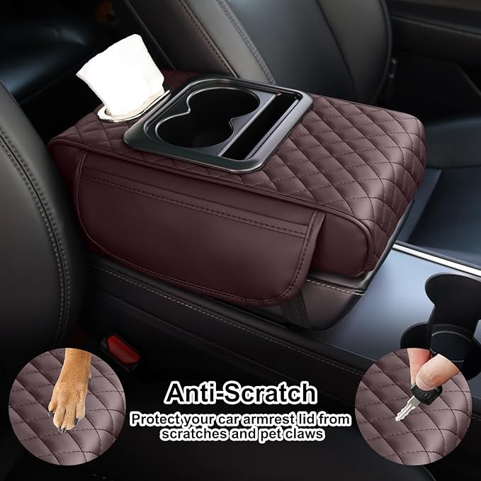 Car Armrest Cushion,5-in-1 Center Console Cover with 2 Storage Bags Cup Holder, Tissue Box Slot, Phone Slot for Sedans, Car Accessories Interior Organizers -Brown