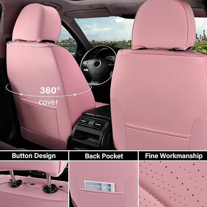 Coverado Car Seat Covers Full Set, 5 Seats Front Seat Cover and Back Seat Covers for Cars, Automotive Seat Covers Nappa Leather Waterproof Seat Covers, Car Seat Protectors Universal for Cars Pink