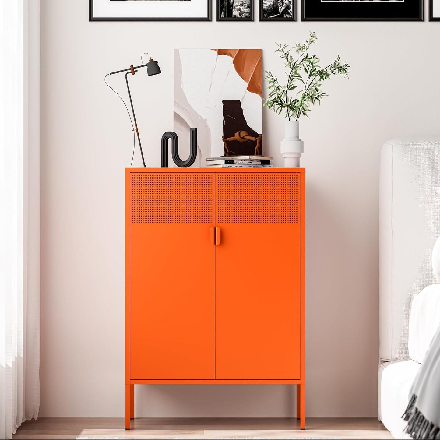 2 Mesh Door Metal Cabinet with Adjustable Shelves, Multipurpose Orange Storage Cabinet, 3-Tier,Metal Storage Cabinet for Office Home,Hallway(Orange, 47''H)