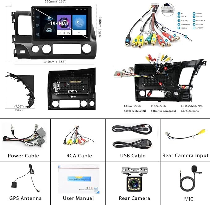 [4G+64G] for Honda Civic 2006-2011 Android Car Stereo with Wireless CarPlay Android Auto,10.1 Inch Android 13 IPS Touchscreen Car Audio Support Bluetooth GPS WiFi DSP Audio HD Rear Camera