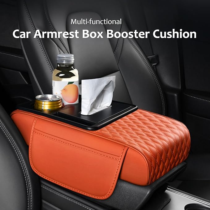 Car Center Console Armrest Pad, Arm Rest Box Cushion with Ergonomic Height Boost, Storage Pockets, Built-in Tissue Box, Cupholder, Fit for Most Sedan Vehicles (Embroidery Water Ripple, Deep Orange)