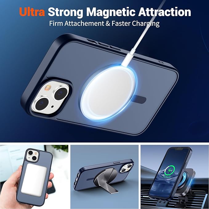 SUPFINE Magnetic for iPhone 14 Case & iPhone 13 Case with Screen Protector (Compatible with MagSafe)(Military Grade Drop Protection) Translucent Matte Shockproof Phone Cover,Dark Blue