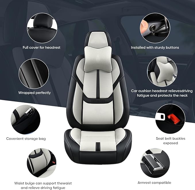 Auto Car Seat Covers Accessories Full Set Leather Cushion Protector Breathable Waterproof Seat Cover for Cars Universal Fit (Black&White, Front Pair and Rear)