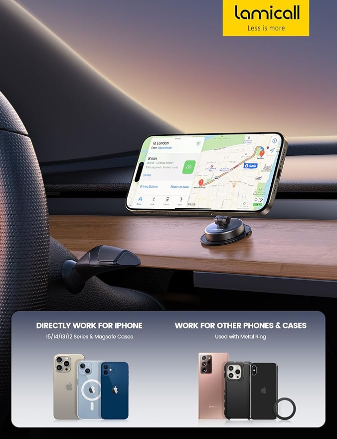 Lamicall for MagSafe Car Mount [All-Metal] Magnetic Phone Holder for Your Car, [Flexible Three-axis] Cell Phone Car Mount Dashboard with N55 Strong Magnets for iPhone 16 15 14 13 12 Pro Max Plus Mini