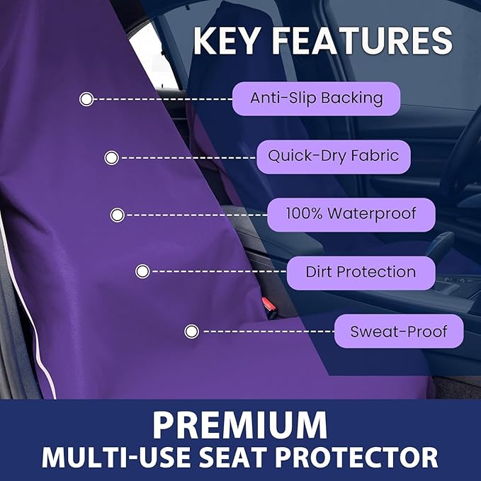 Dri Seats Waterproof Car Seat Cover – Premium Sweat Towel with Slip Resistant Backing for Front Seats in Cars, Trucks, SUVs – Universal Seat Covers & Liner, Easy Install (Purple, Large)