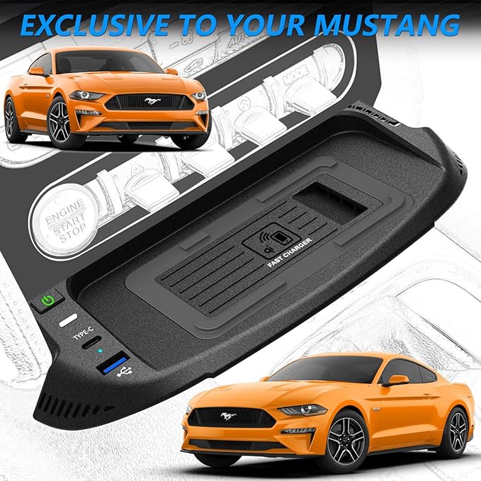 Wireless Car Charger for Ford Mustang 2022 2021 2020 2019 2018 2017 2016 2015, 15W Qi Fast Charging Phone Charger Pad with QC3.0 USB Port for iPhone Galaxy, Gift for Ford Mustang Owners