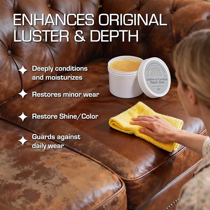 Furniture Salve for Leather Conditioner: Natural Oil Beeswax Formula for Couches Purse Bag Car Seat - Moisturizer and Restorer Leather Wood and Vinyl - Prevent Cracking or Fading & Water Rings (8oz)