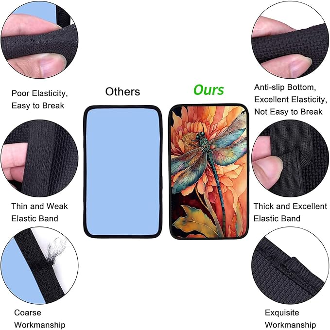 Car Armrest Cover Pads Universal Fashion Cute Auto Center Console Armrest Cover Pad with 2PCS Car Coasters Soft Waterproof Car Armrest Seat Protector for Women Girls, Dragonfly