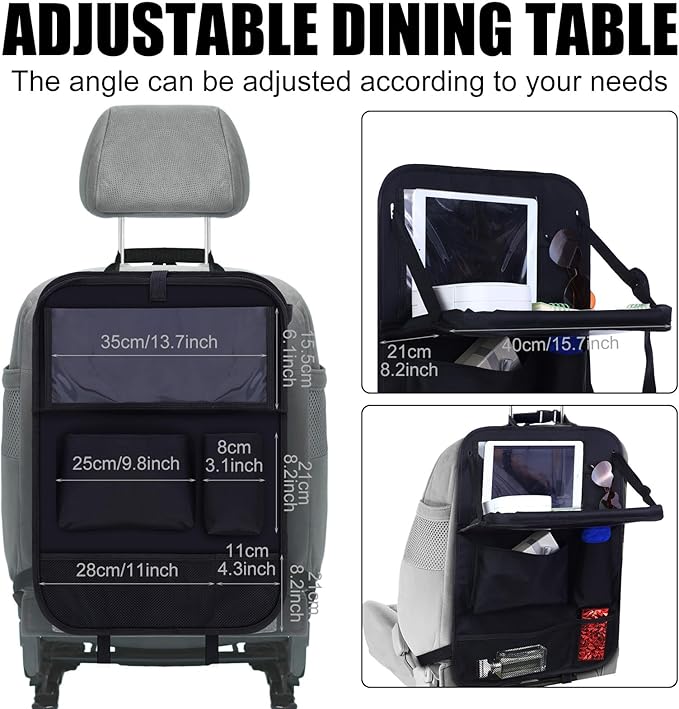 2 Pcs Backseat Car Organizers with Table Tray, 6 Storage Pockets Car Organizer with Tablet Holder, Kick Mats Protectors for Kids Travel Accessories Black, Unisex(Stylish,Black)