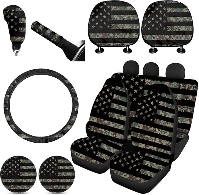 FKELYI Army Green Camo Hunting American Flag Car Seat Covers - Full Set for Front & Rear Seats, Headrest, Cup Holders, Gear Shift, Handbrake, Steering Wheel