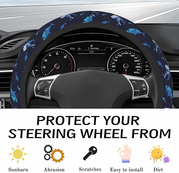Steering Wheel Cover Accessories Neoprene Cover, Breathable Non-Slip Easy to Install Suitable for Women Men, 14.5-15.5 Inch for Car SUV Van Truck Universal - Blue Shark