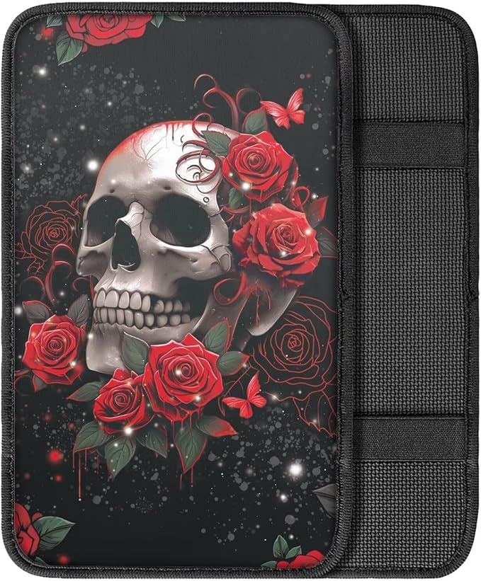 Dreaweet Red Rose Skull Center Console Armrest Pad Cover Halloween Goth Car Accessories Soft Comfort Arm Rest Cover Pad Universal Middle Console Covers for Cars SUV Truck Sedan