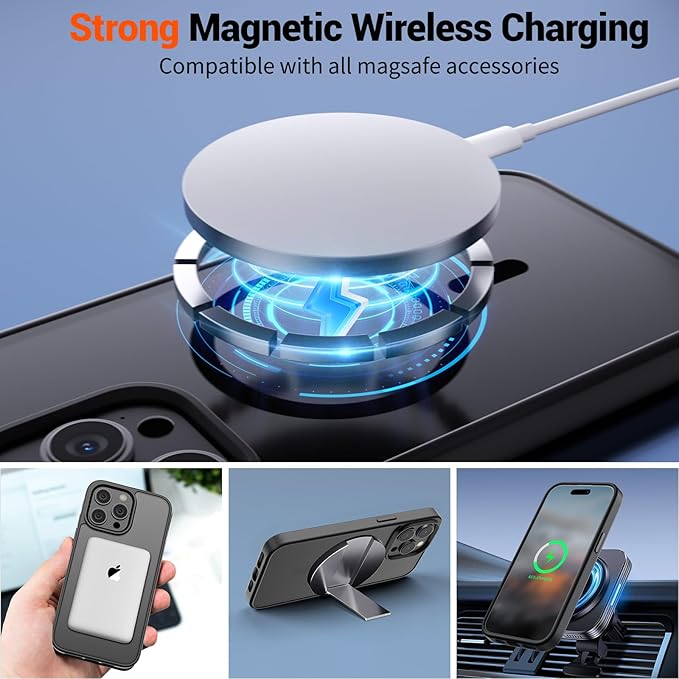 SUPFINE Magnetic for iPhone 15 Pro Case (Compatible with MagSafe) (Military Grade Drop Protection) Translucent Matte Shockproof Phone Cover, Black