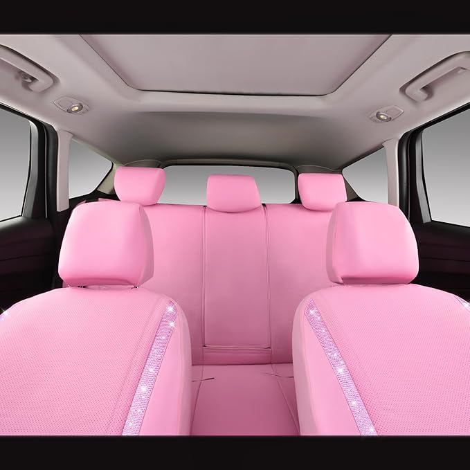 CAR PASS Bling Diamond Car Seat Covers Full Set, Shining Rhinestone Waterproof Faux Leather, Rear with Zipper, Universal Fit Automotive Glitter Crystal Sparkle Strips for Cute Women Girl, Pink