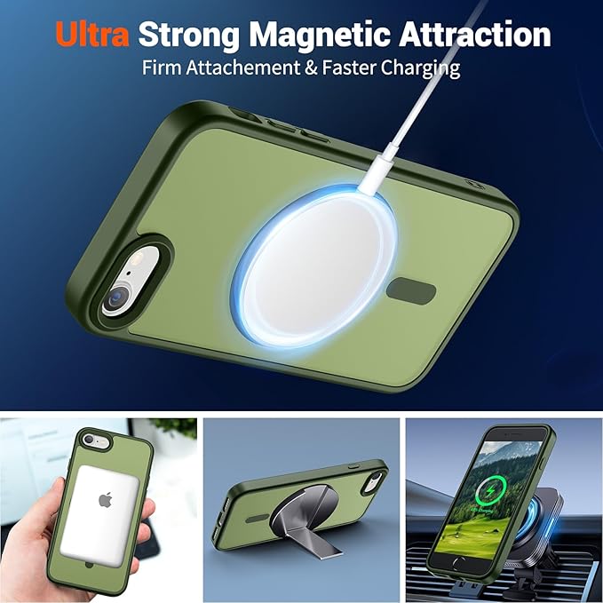 SUPFINE Magnetic for iPhone SE Case 2022 (3rd)/2020 (2nd), iPhone 8 Case (Compatible with MagSafe) (Military Grade Drop Protection) Slim Translucent Matte Phone Case, Cangling Green