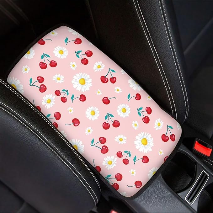 Dreaweet Car Armrest Cover Pink Center Console Cover Cute Cherry Car Accessories for Women Girly,Universal Auto Center Console Cover Pad for Cars SUV Trucks Sedan Soft Comfortable