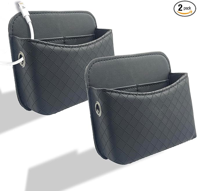 Self-Adhesive Car Seat Side Pocket Organizer with Cable Port - Black PU Leather Storage Pouch for Phone & Keys, Fits Gaps, Console & Door (2 PCS)