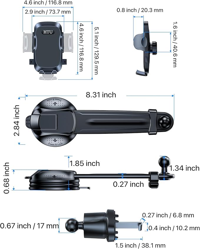 HTU [True Military-Grade Car Phone Holder [2025 Upgraded Strongest Suction & Vent Clip] Cell Phone Car Mount for Dashboard Windshield Vent Truck Cradle Dash Stand,(Black)