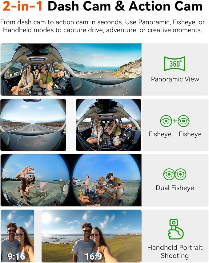 Vantrue E360 ACE All Channel Dash Cam, 585°, STARVIS 2, Front Inside Rear Full Coverage Dashcam with Selfie Stick Tripod, Fisheye, Dual IR Night Vision, Action Camera, Voice Control, GPS, Support 1TB