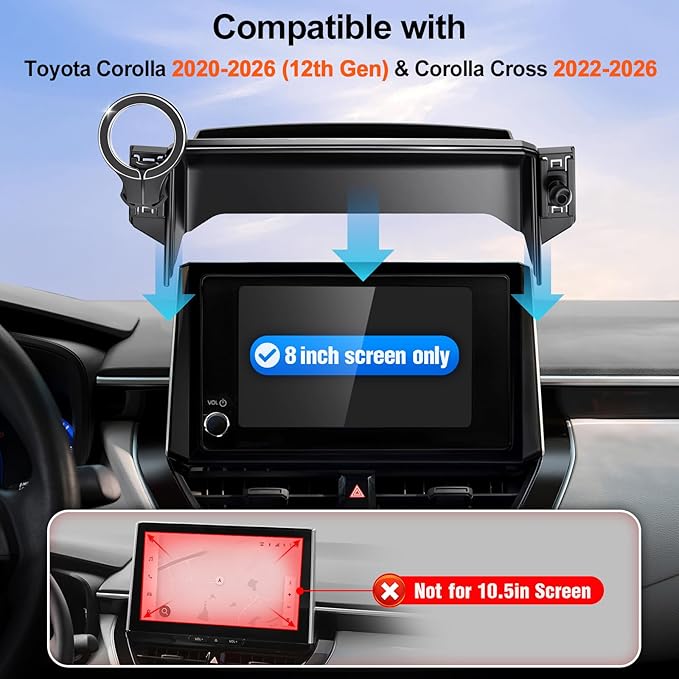 Phone Holder for Toyota Corolla 2026 2025 2024 2023 2022 2021 2020 & Corolla Cross 2022-2026 Accessories: (Fits 8 inch Screen)(Compatible with MagSafe) Magnetic Cell Car Mount for iPhone Samsung
