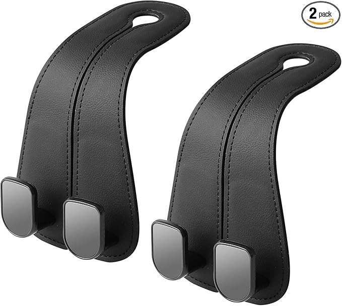 2 Pack KAFANLIN Car Headrest Hooks for Purses and Bags Cute Leather Car Seat Back Head Rest Double Hooks for Bags Cute Pink Beige Car Accessories Headrest Back Seat Handbags Hook (Black 2 Pack)