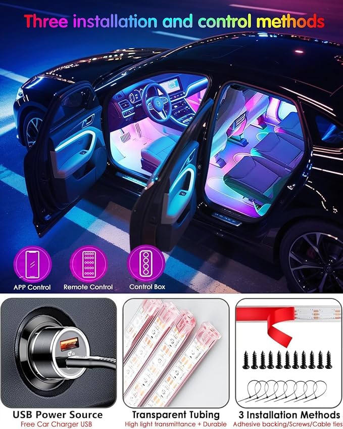 Car LED Strip Lights,72 LED Interior Strip Lights RGB with Smart APP Remote Control,Multicolor Footwell Under Dash Inside Light Kits Music Sync Mode, for Vehicle Internal, SUV, Trucks, 12V