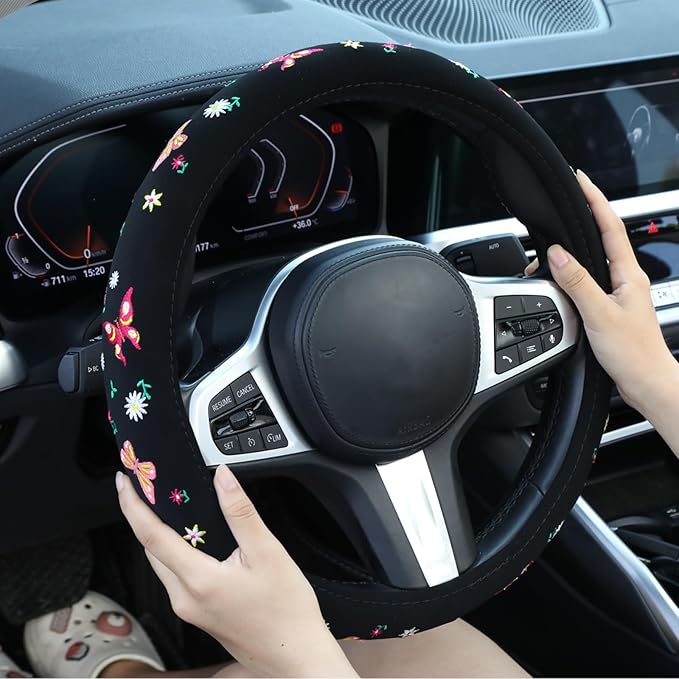 Embroidered Butterfly Daisy Cute Black Steering Wheel Cover, Auto Anti-Slip Breathable Steering Wheel Protector, Butterfly Floral Car Accessories for Women,Universal Size Fit Most Cars -15 inch