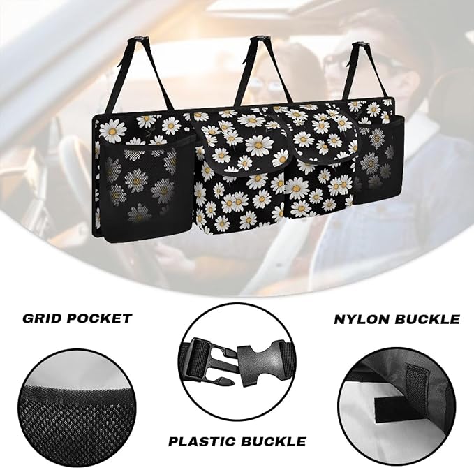White Daisy Trunk Organizer for Car Auto Hanging Seat Back Storage with Adjustable Straps for SUVs, Vans, Cars Cargo Bag,Car Accessories