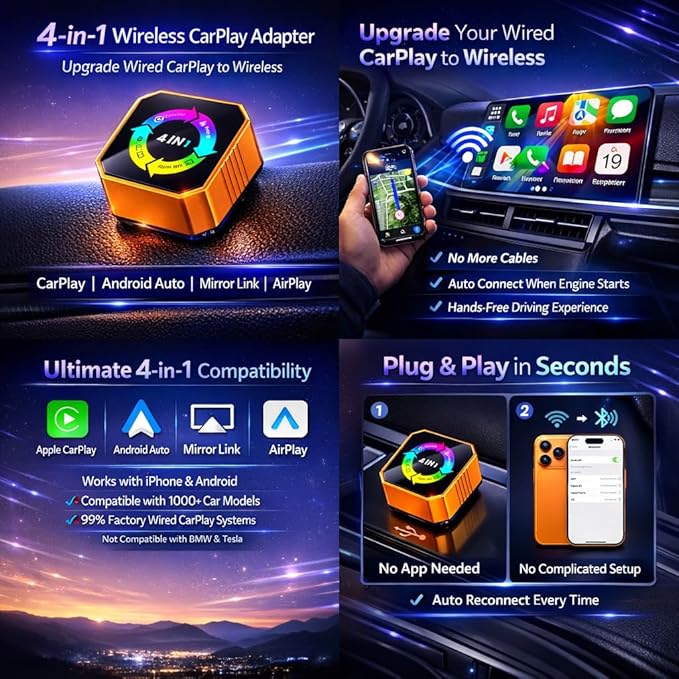 Bluradio Wireless CarPlay Adapter 2026 Upgrade – 4-in-1 Wired to Wireless CarPlay & Android Auto, AirPlay & Mirror Link, Plug & Play Auto Reconnect, 2.4G/5G Zero Lag for iPhone Android