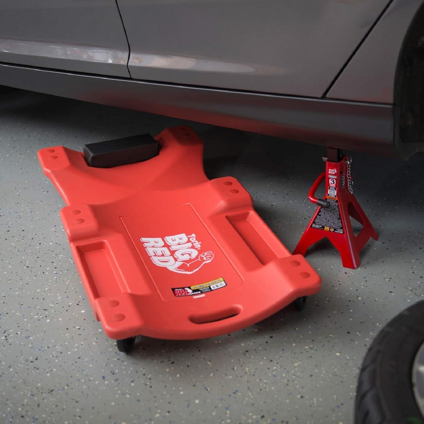 Big RED Plastic Rolling Garage/Shop Creeper: Dual Tool Trays and 6 Casters, Red，40" Mechanic Cart with Padded Headrest