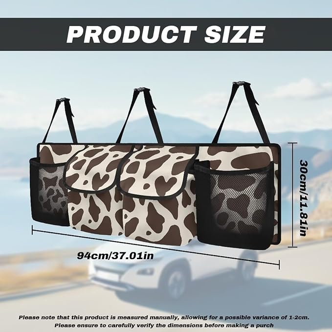 Brown Cow Print Car Trunk Organizer, Hanging Car Back Seat Storage Bag with 4 Pockets Waterproof Universal Automotive Accessories for Most SUVs Sedans Trucks Jeeps
