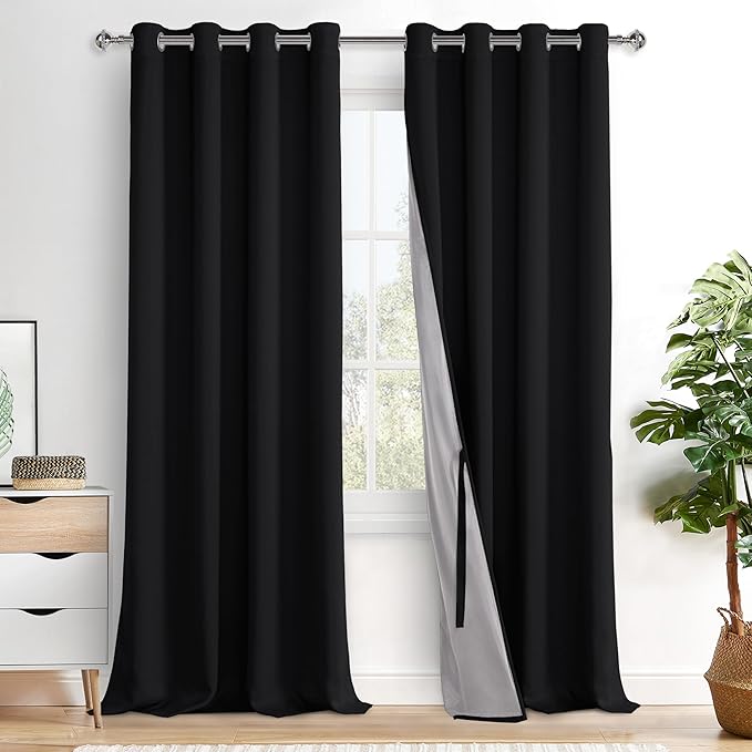 XWZO 100% Blackout Curtains 95 Inches Long with Tiebacks- Privacy Protection & Noise Blocking Window Draperies Grommet Top with Black Liner for Bedroom/Living Room, Black, W52 x L95, Set of 2