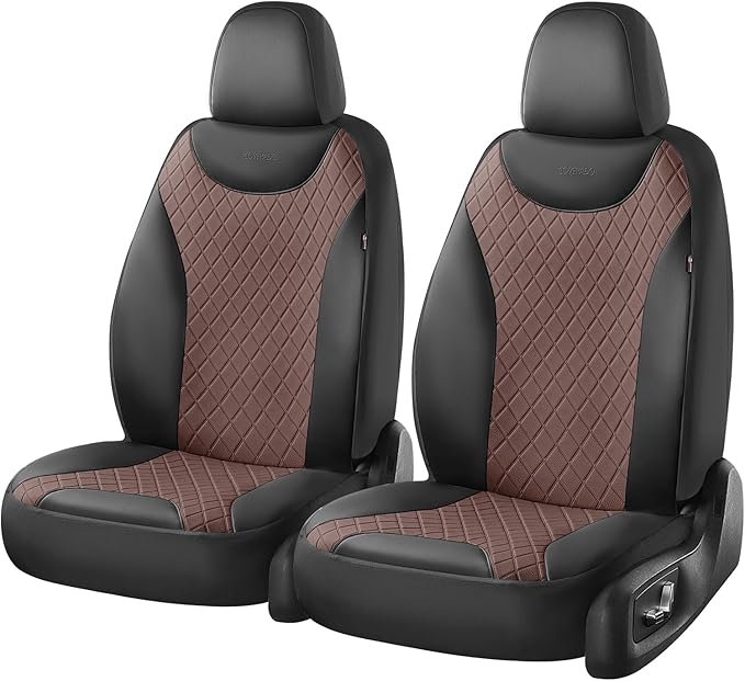 Coverado Front Car Seat Covers, Leather Seat Covers for Cars, Automotive Seat Protectors with Splicing Design，Waterproof Auto Seat Cushions Driver Seat Covers Universal for Most Cars, Black & Coffee