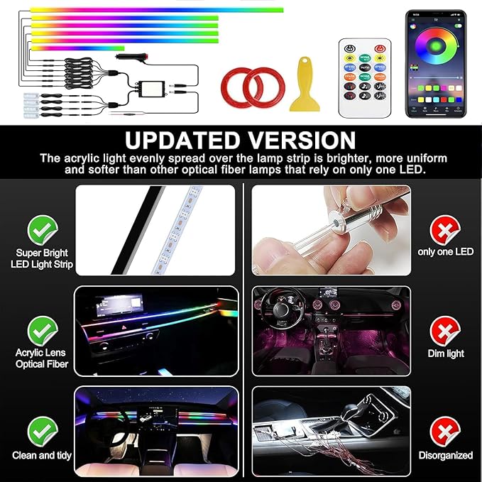 Acrylic Interior Car LED Strip Light with APP Remote Control,175 inches 10 in 1 RGB Dreamcolor Neon Strip Fiber Optic LED Ambient Lighting Kits,RGB Music Lights Sync for Inside car Decorations