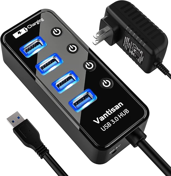 vantisan Powered USB 3.0 Hub, USB Extension 4-Port USB Hub Splitter (4 USB 3.0 Data Ports+1 Smart Charging Port) with 5V/3A Powered Adapter and Individual ON/Off Switches