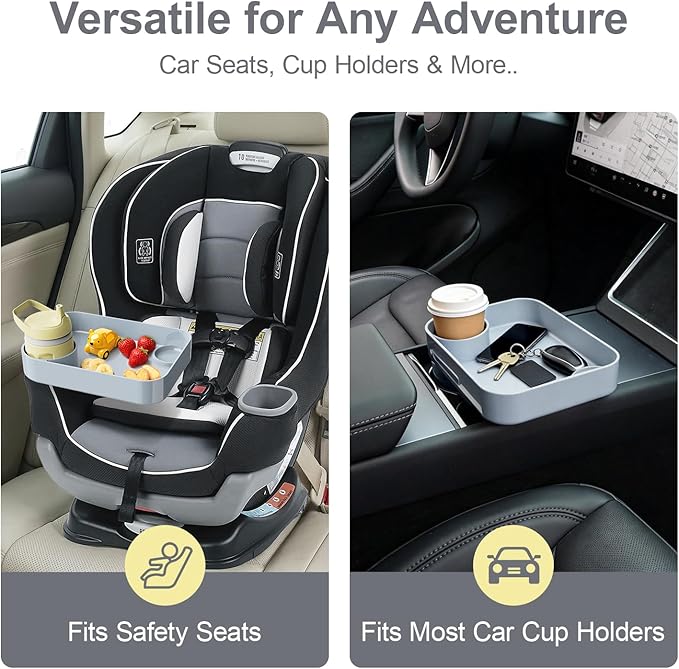 Car Seat Snack Tray for Toddlers - 3 Inch Cup Holder Fits Most Sippy Cups & Straw Bottles with Dip Well, Mess-Free Square Kids Travel Tray Road Trip Essentials, Grey