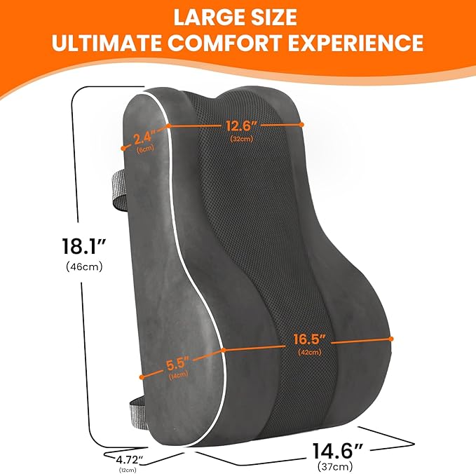 CloudBliss Ergonomic Lumbar Support Pillow – Memory Foam for Lower Back Pain Relief, Adjustable Straps & Mesh Cover for Office, Gaming, Car & Home Essentials (Grey)