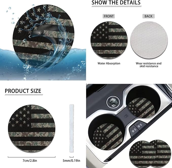 Vintage American Flag Car Interior Accessories Military Green Car Steering Wheel Cover Cup Coaster Handbrake Gear Cover Suit for Truck Vans SUV 6pcs
