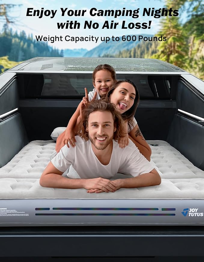JOYTUTUS Truck Bed Air Mattress with 2 Pillows for Cybertruck Accessories Custom Fit Inflation Camping Air Bed with Built-in Pump & Carry Bag- Grey