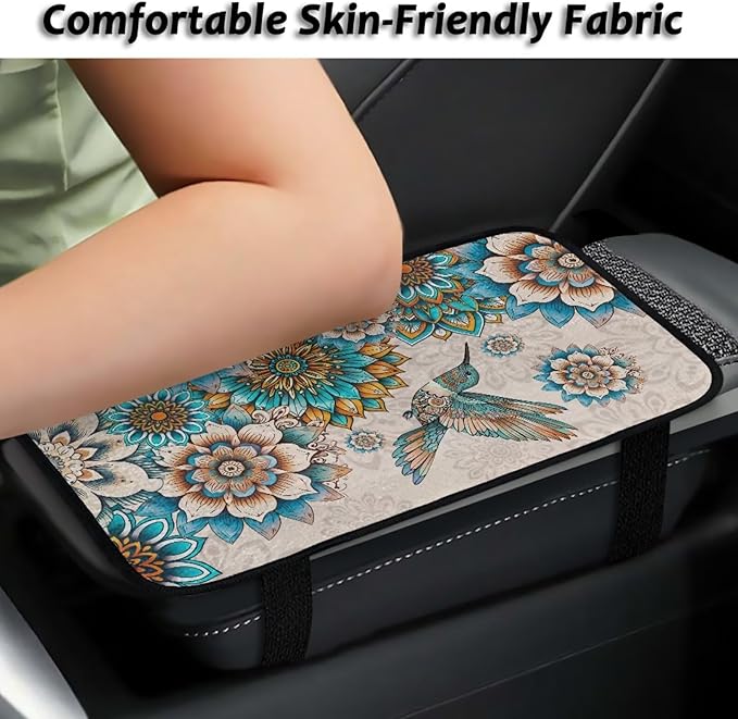 Hummingbird Armrest Cover for Car Elastic Car Center Console Cushion Pad Full Coverage Mandala Interior Accessories Prevent Scratching Universal Size Seat Arm Rest Cover