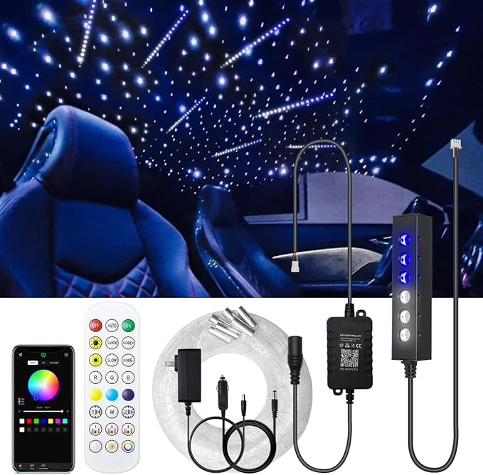 AKEPO MIni Size 3.2W 6-Hole RGB Multi-Color Fiber Optic Lights, APP Control 13.1ft 240pcs*0.75mm/0.03in Optical Fiber Several Color Chasing Sound Activated Timer Star Ceiling Sky Light