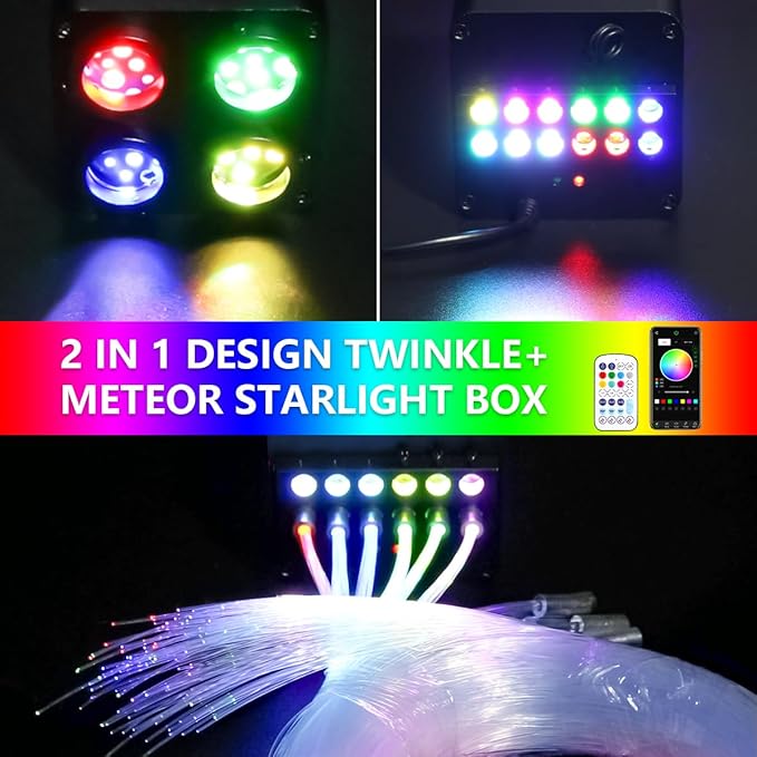 AMKI Updated 4Color Meteor Twinkle 36w Starlight Headliner Kits 1080pcs 0.03in 13.1ft, 240pcs RGB Meteor Shooting Star Cable, 2 in 1 Fiber Optic Light Box RGBW Sound Activated Mode for Car& Home Decor