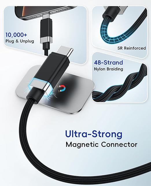 Magtame StayCable 2Pack 3.3FT USB C to USB C Cable, Magnetic Holder for Anti-Drop Cord Management, 60W Fast Charging and Data Sync, Braided Type C Charger Cable for iPhone 17/16, Laptop, Desk, Car